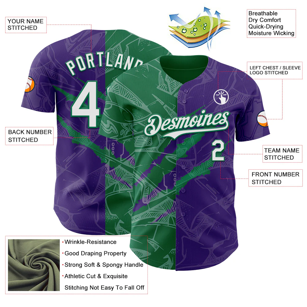Custom Graffiti Pattern White Purple-Kelly Green 3D Scratch Authentic Baseball Jersey - Image 3
