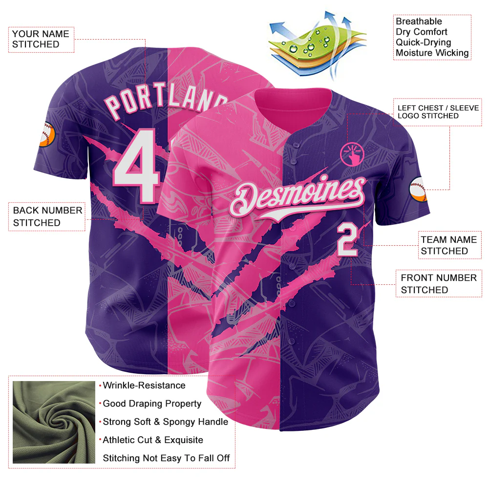 Custom Graffiti Pattern White Purple-Pink 3D Scratch Authentic Baseball Jersey - Image 3