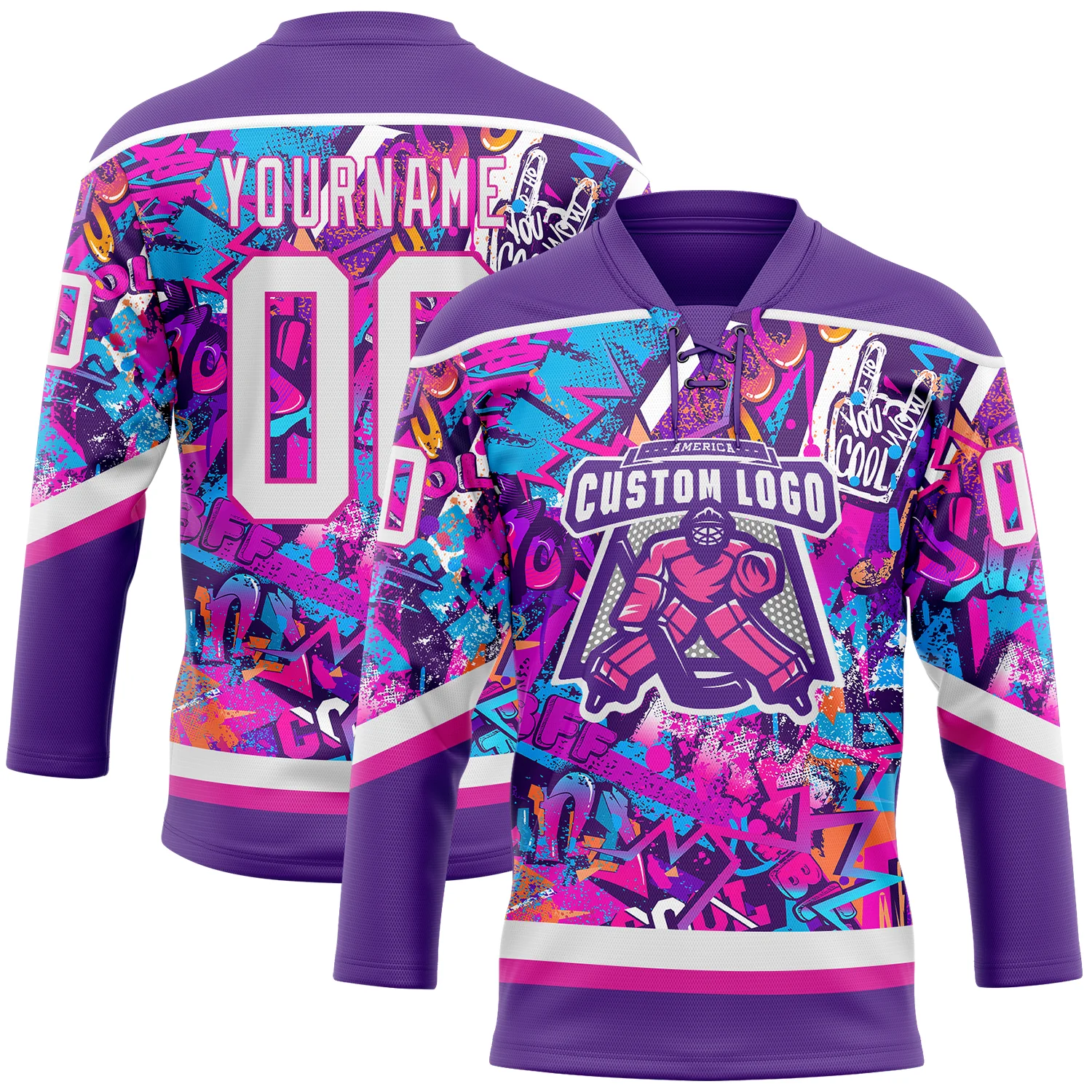 Custom Graffiti Pattern White Purple-Deep Pink 3D Pattern Scratch Hockey Lace Neck Jersey - Image 2