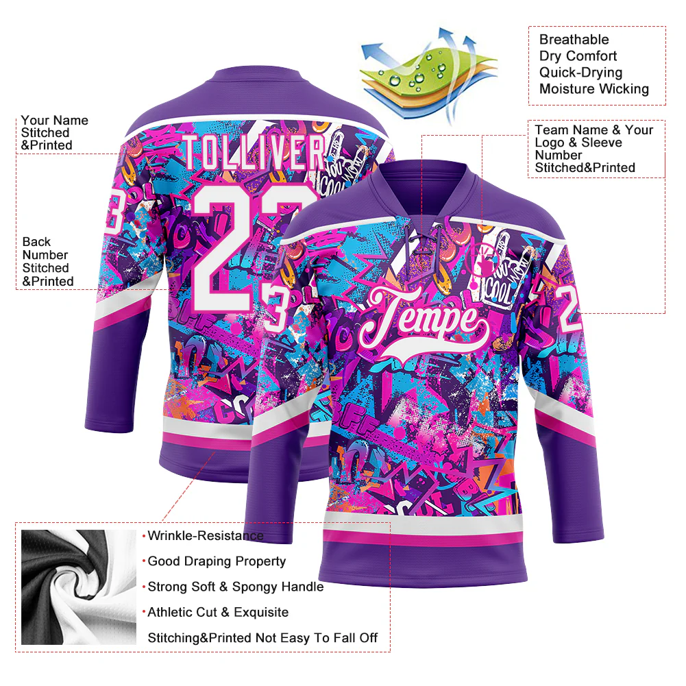 Custom Graffiti Pattern White Purple-Deep Pink 3D Pattern Scratch Hockey Lace Neck Jersey - Image 3