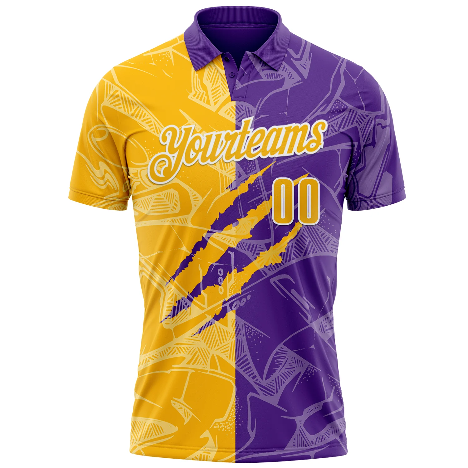 Custom Graffiti Pattern Gold Purple-White 3D Scratch Performance Polo Shirt - Image 2