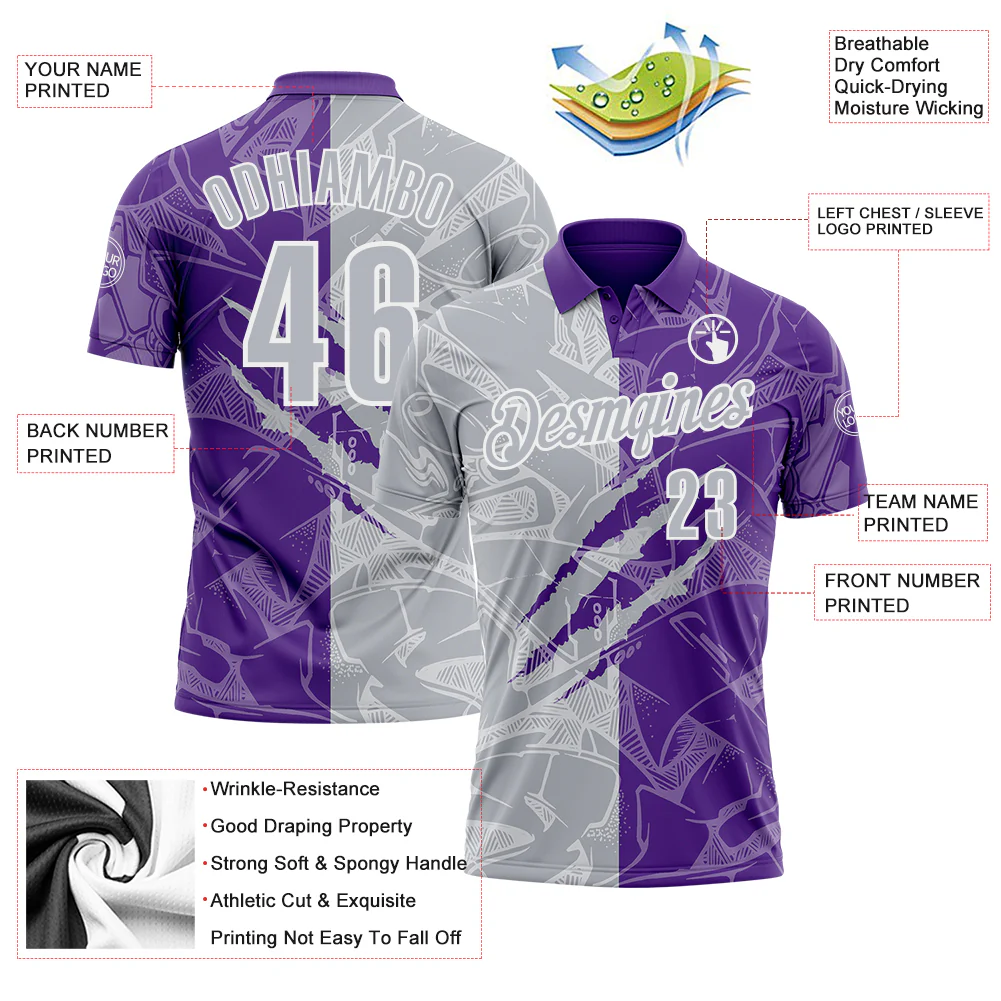 Custom Graffiti Pattern Gray Purple-White 3D Scratch Performance Polo Shirt - Image 3