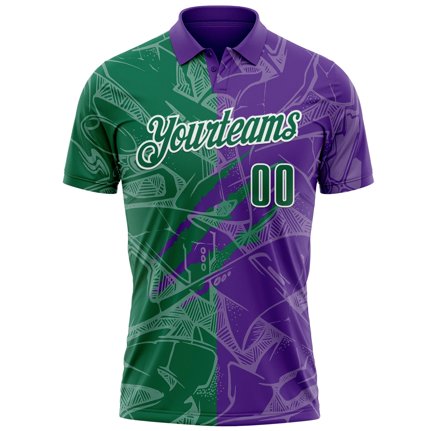 Custom Graffiti Pattern Kelly Green Purple-White 3D Scratch Performance Polo Shirt - Image 2