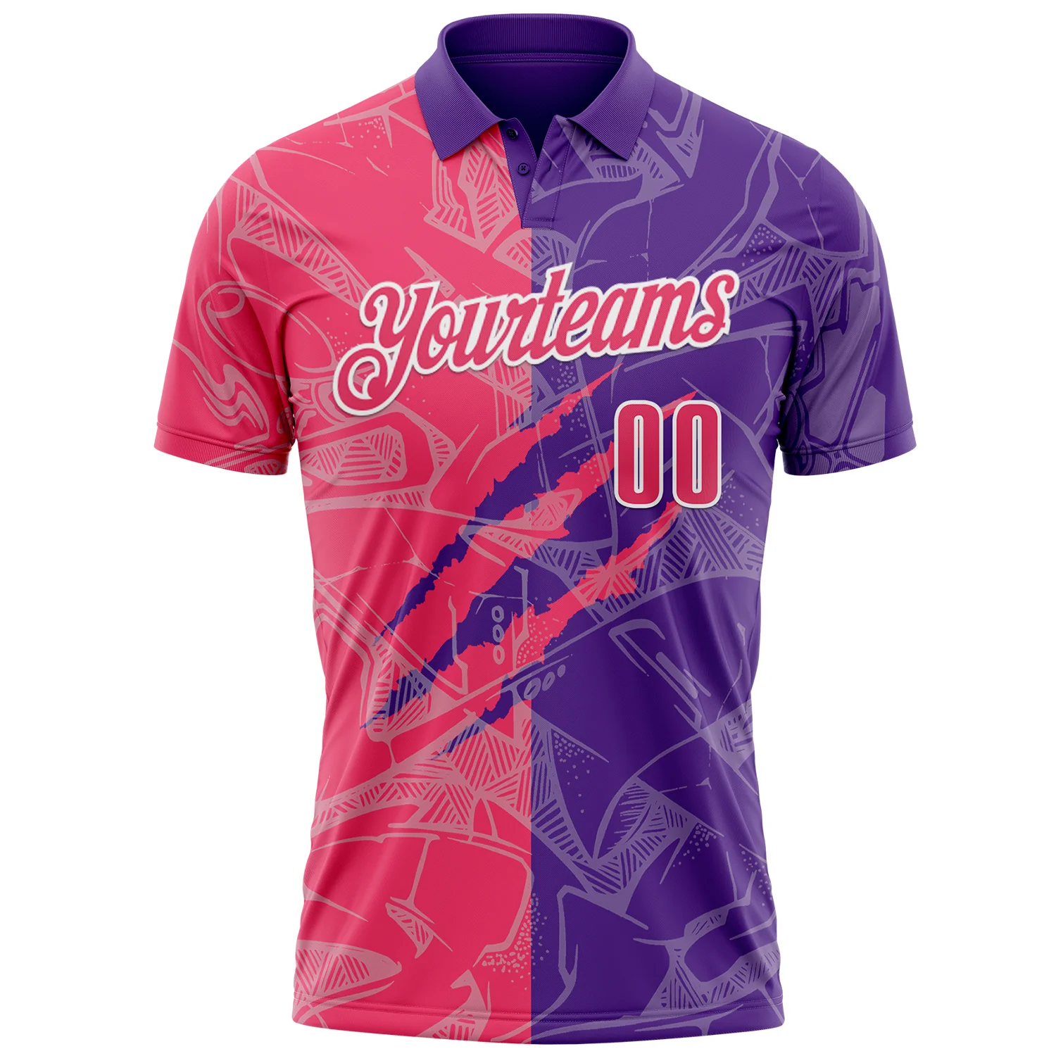 Custom Graffiti Pattern Neon Pink Purple-White 3D Scratch Performance Polo Shirt - Image 2