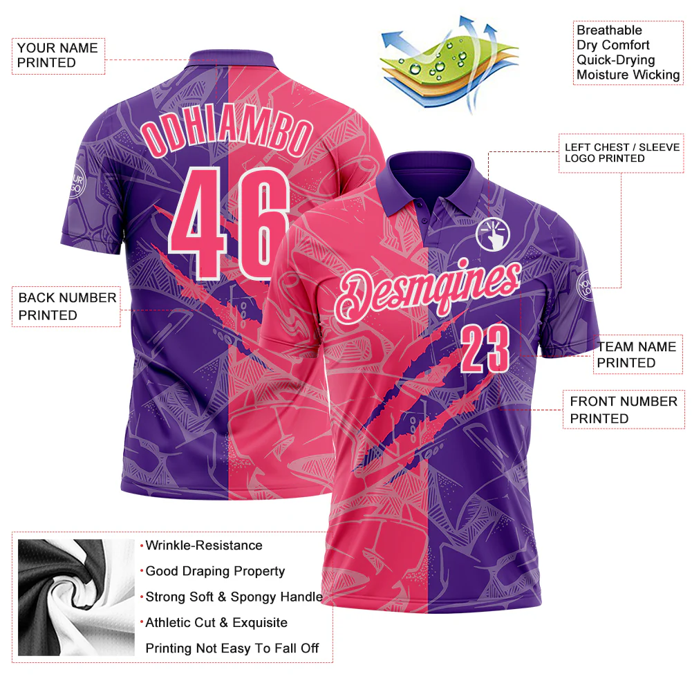 Custom Graffiti Pattern Neon Pink Purple-White 3D Scratch Performance Polo Shirt - Image 3
