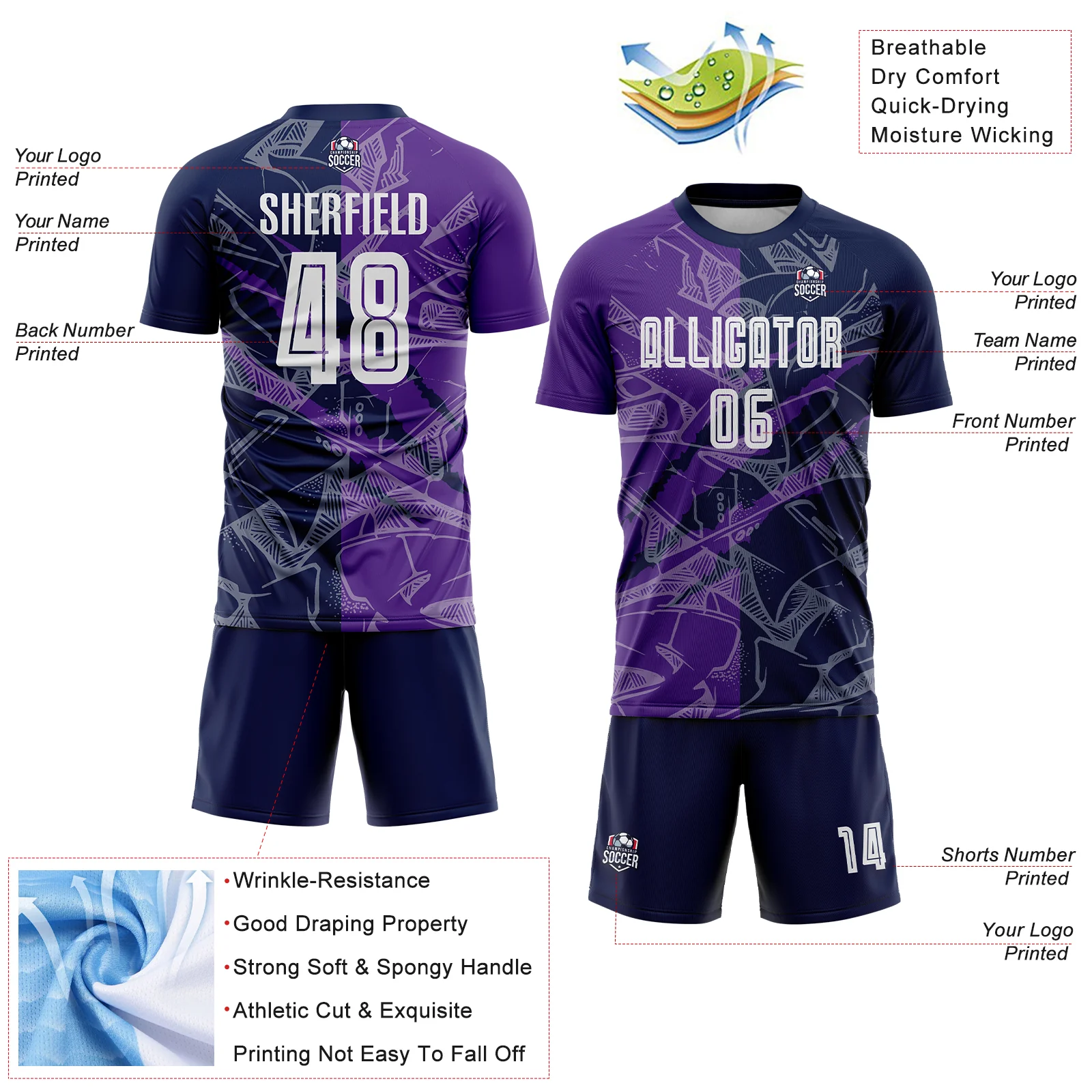 Custom Graffiti Pattern Purple-Navy Scratch Sublimation Soccer Uniform Jersey - Image 4