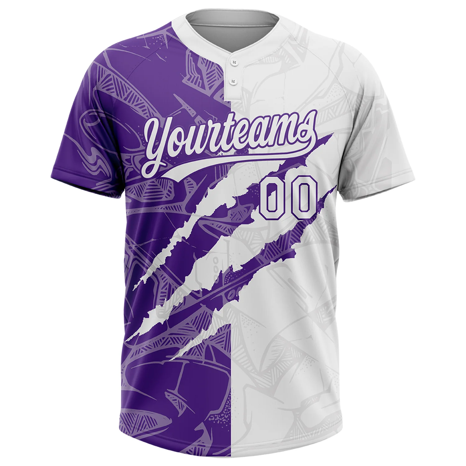 Custom Graffiti Pattern White-Purple 3D Scratch Two-Button Unisex Softball Jersey - Image 2