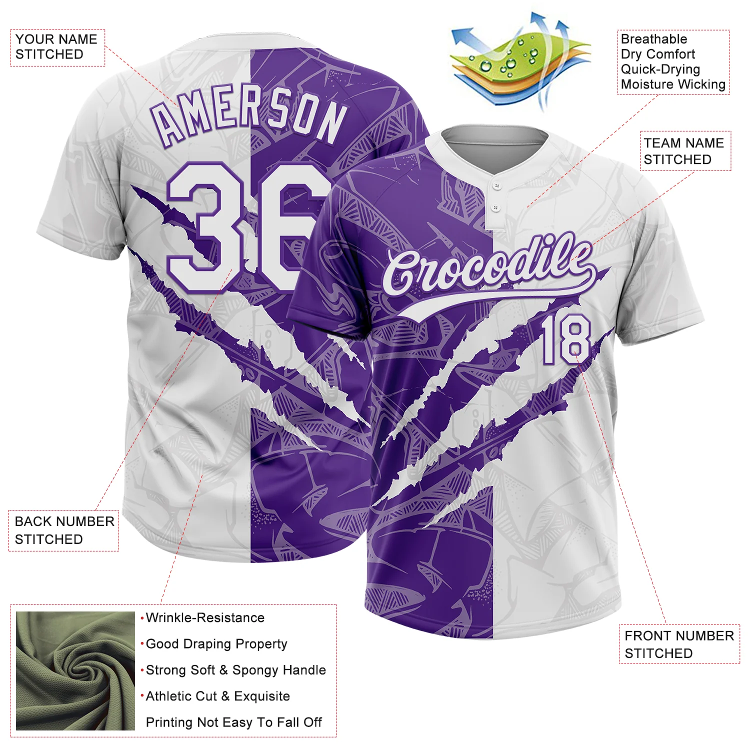 Custom Graffiti Pattern White-Purple 3D Scratch Two-Button Unisex Softball Jersey - Image 3