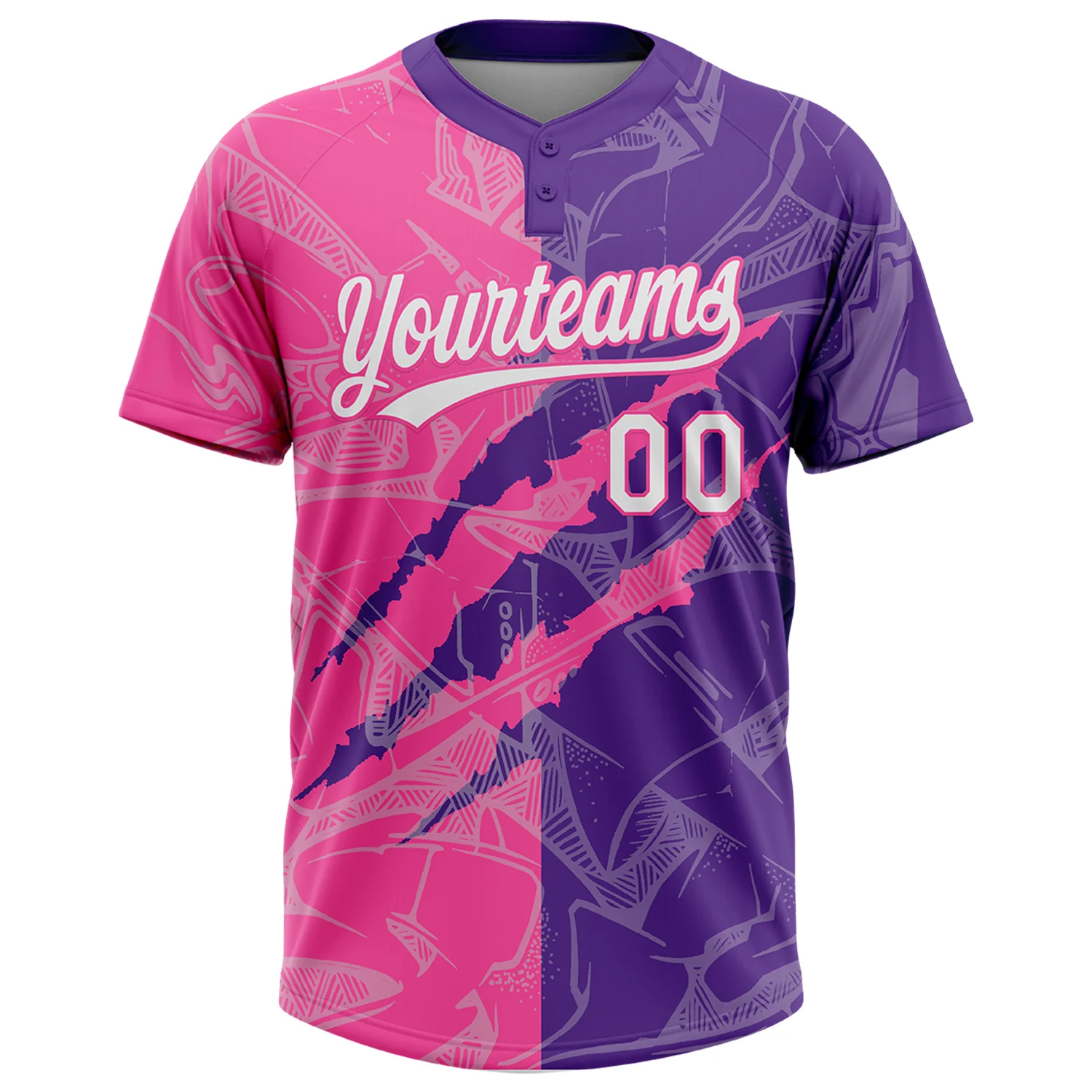 Custom Graffiti Pattern White Purple-Pink 3D Scratch Two-Button Unisex Softball Jersey - Image 2