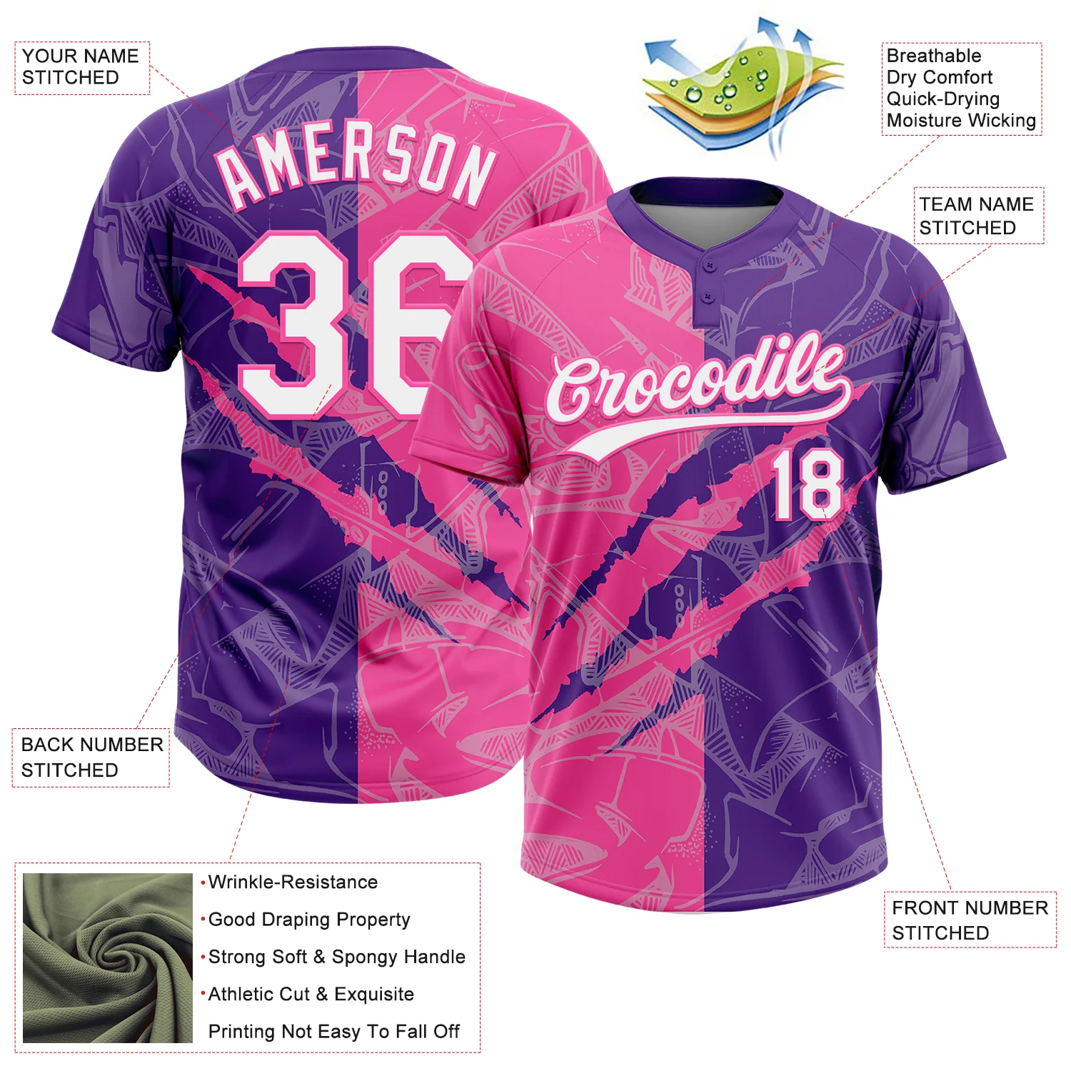 Custom Graffiti Pattern White Purple-Pink 3D Scratch Two-Button Unisex Softball Jersey - Image 3