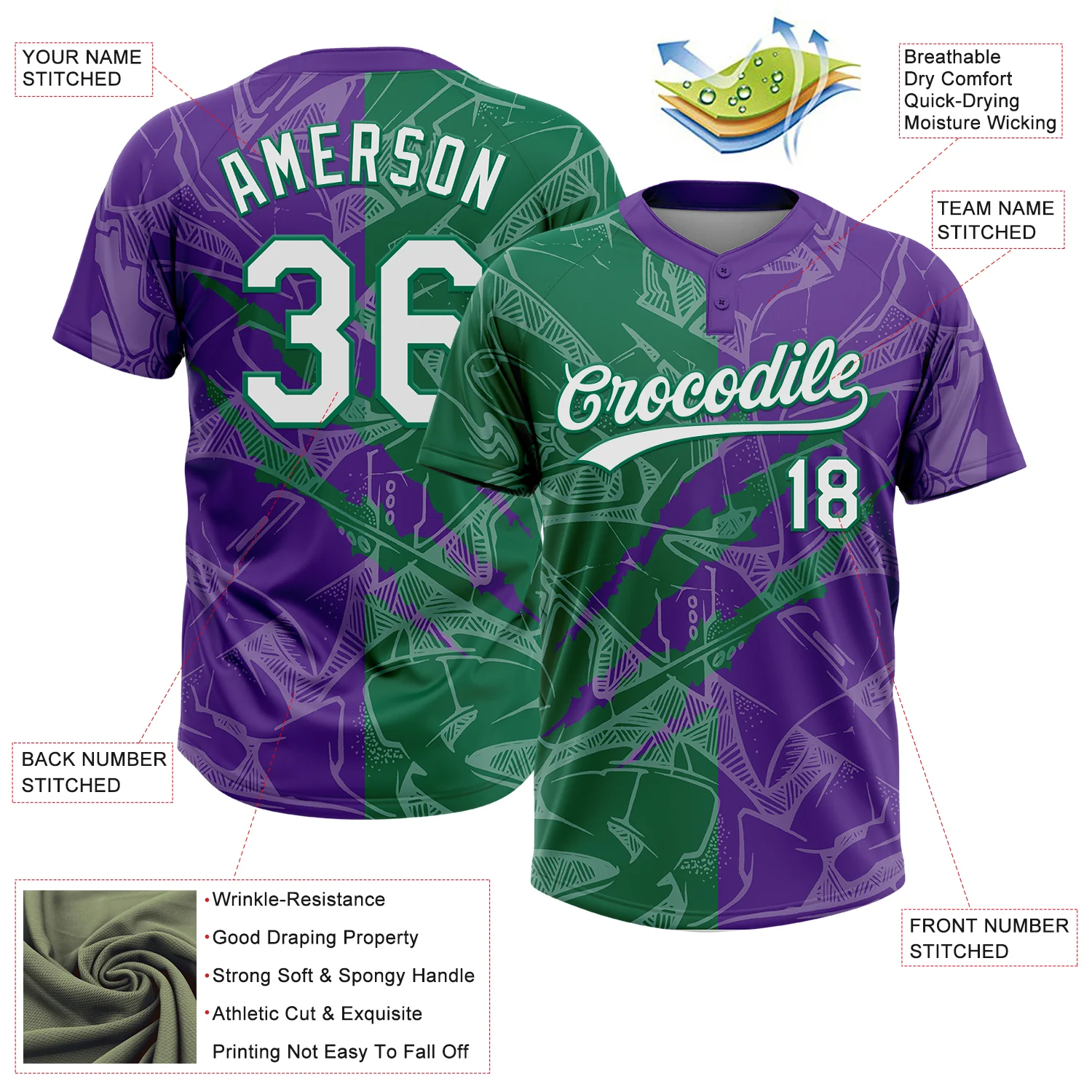 Custom Graffiti Pattern White Purple-Kelly Green 3D Scratch Two-Button Unisex Softball Jersey - Image 3
