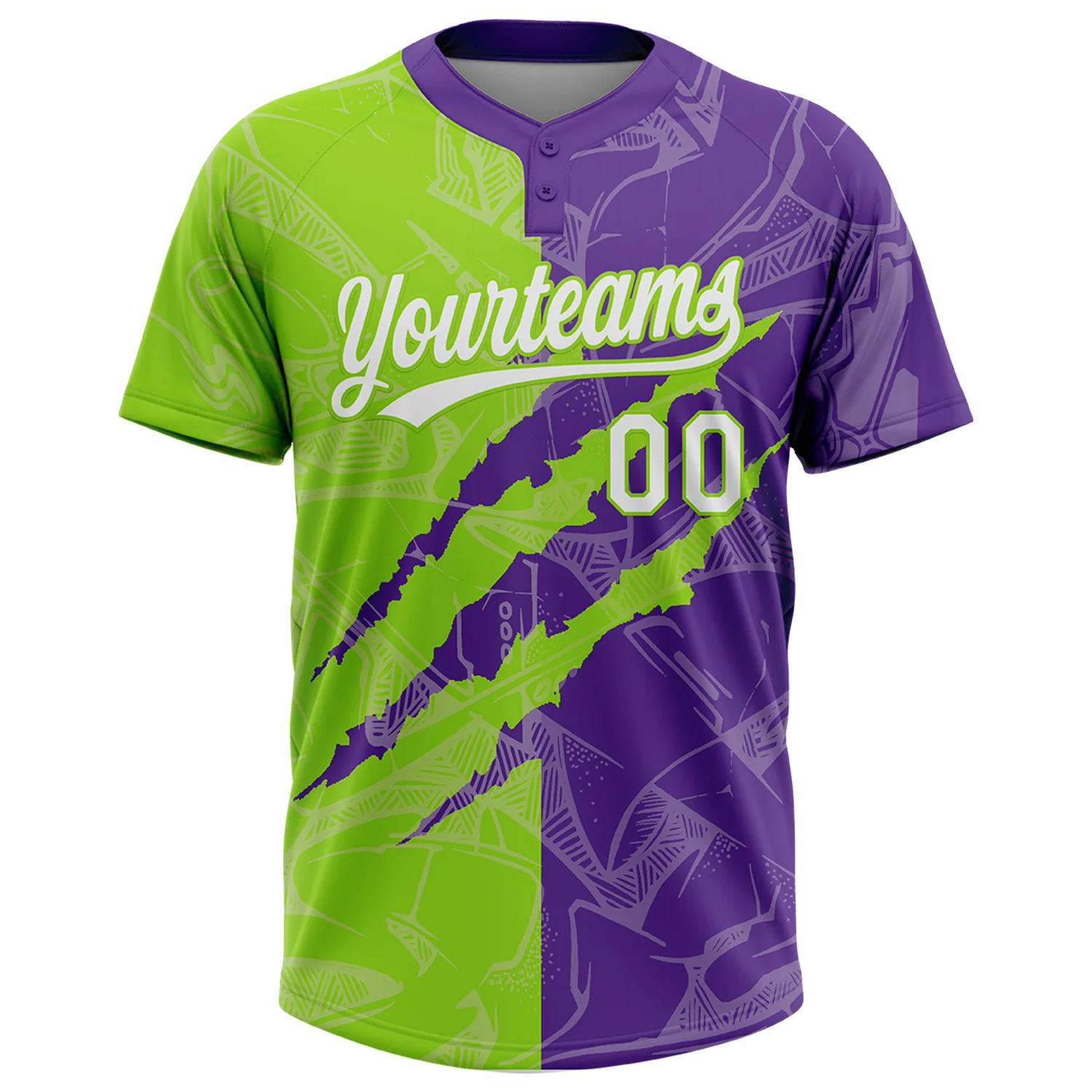 Custom Graffiti Pattern White Purple-Neon Green 3D Scratch Two-Button Unisex Softball Jersey - Image 2