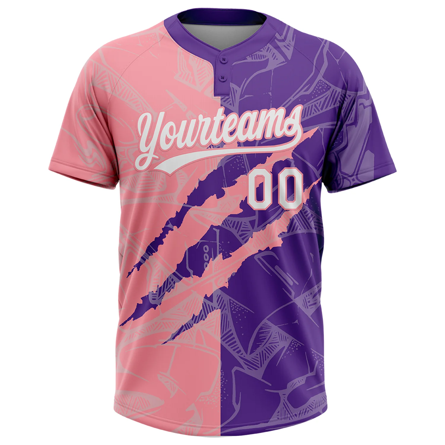 Custom Graffiti Pattern White Purple-Medium Pink 3D Scratch Two-Button Unisex Softball Jersey - Image 2