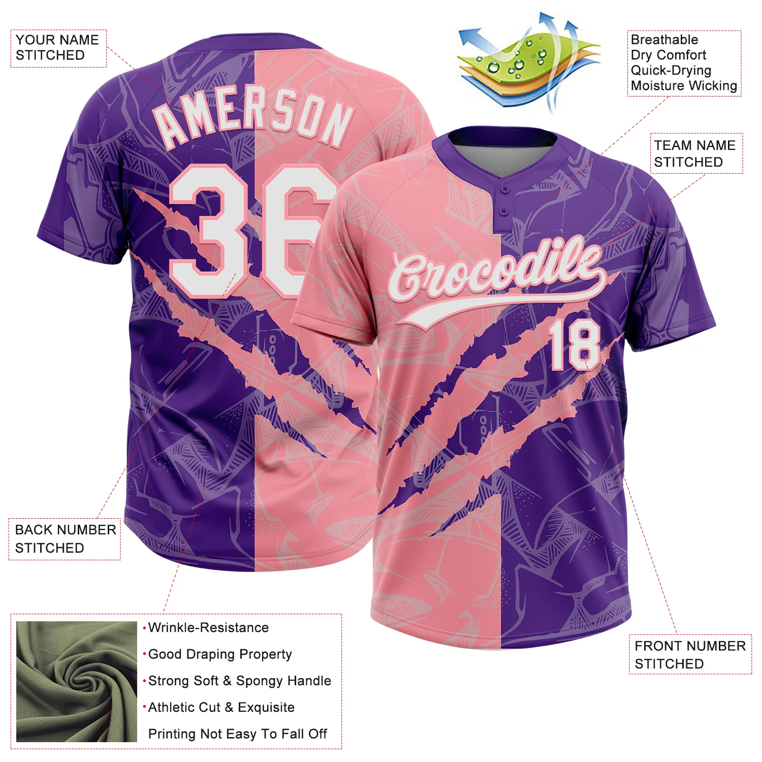 Custom Graffiti Pattern White Purple-Medium Pink 3D Scratch Two-Button Unisex Softball Jersey - Image 3