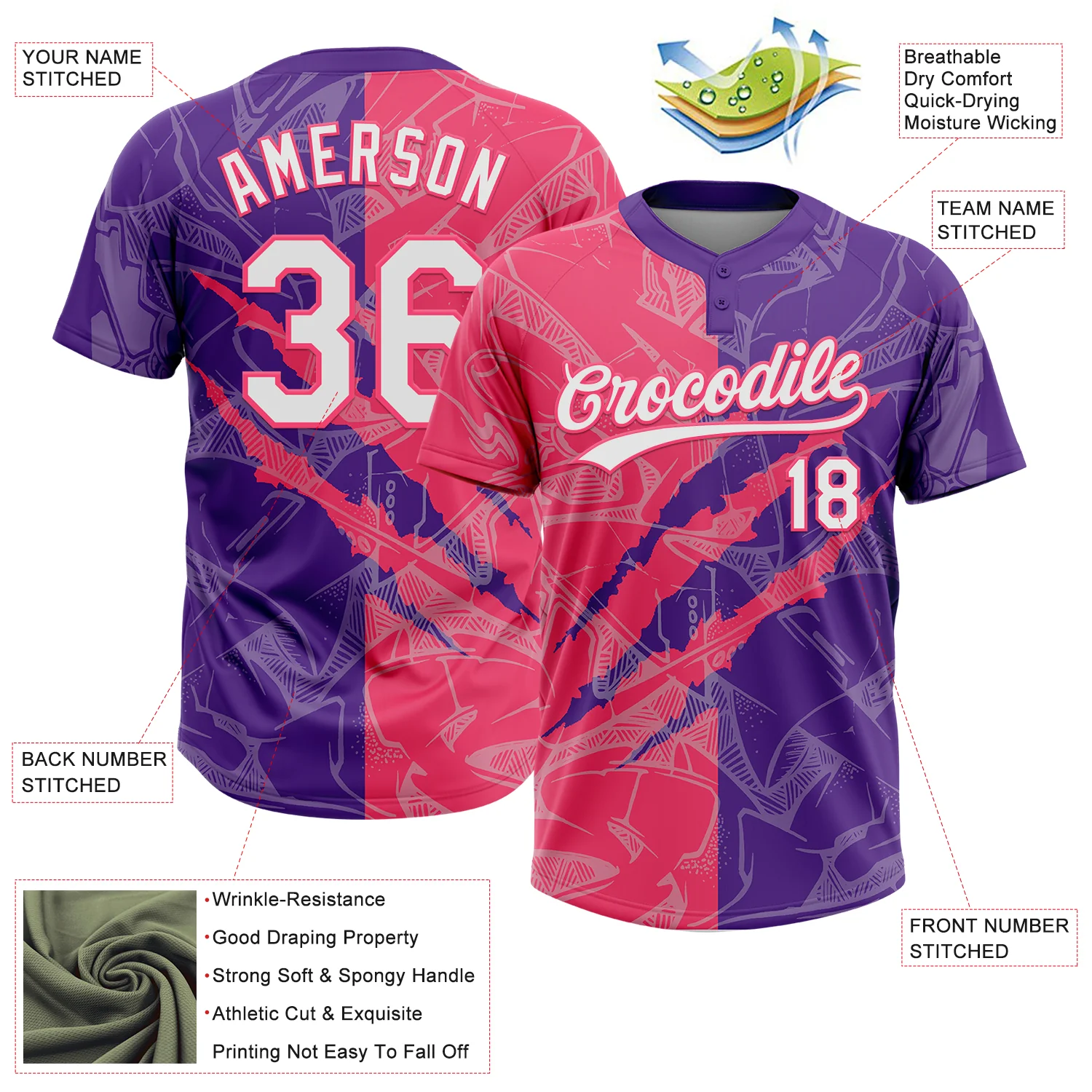 Custom Graffiti Pattern White Purple-Neon Pink 3D Scratch Two-Button Unisex Softball Jersey - Image 3