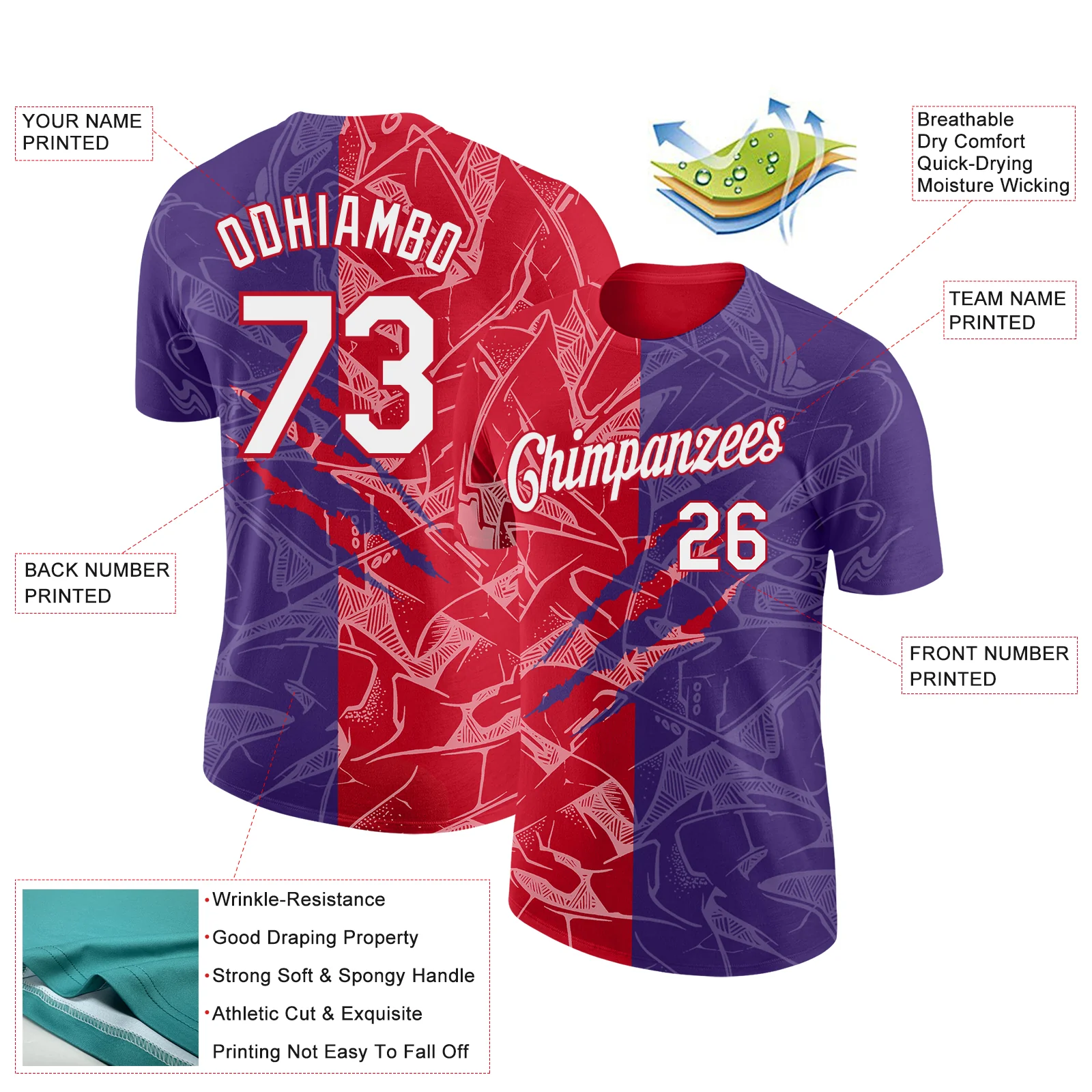 Custom Graffiti Pattern White Purple-Red Scratch 3D Performance T-Shirt - Image 2