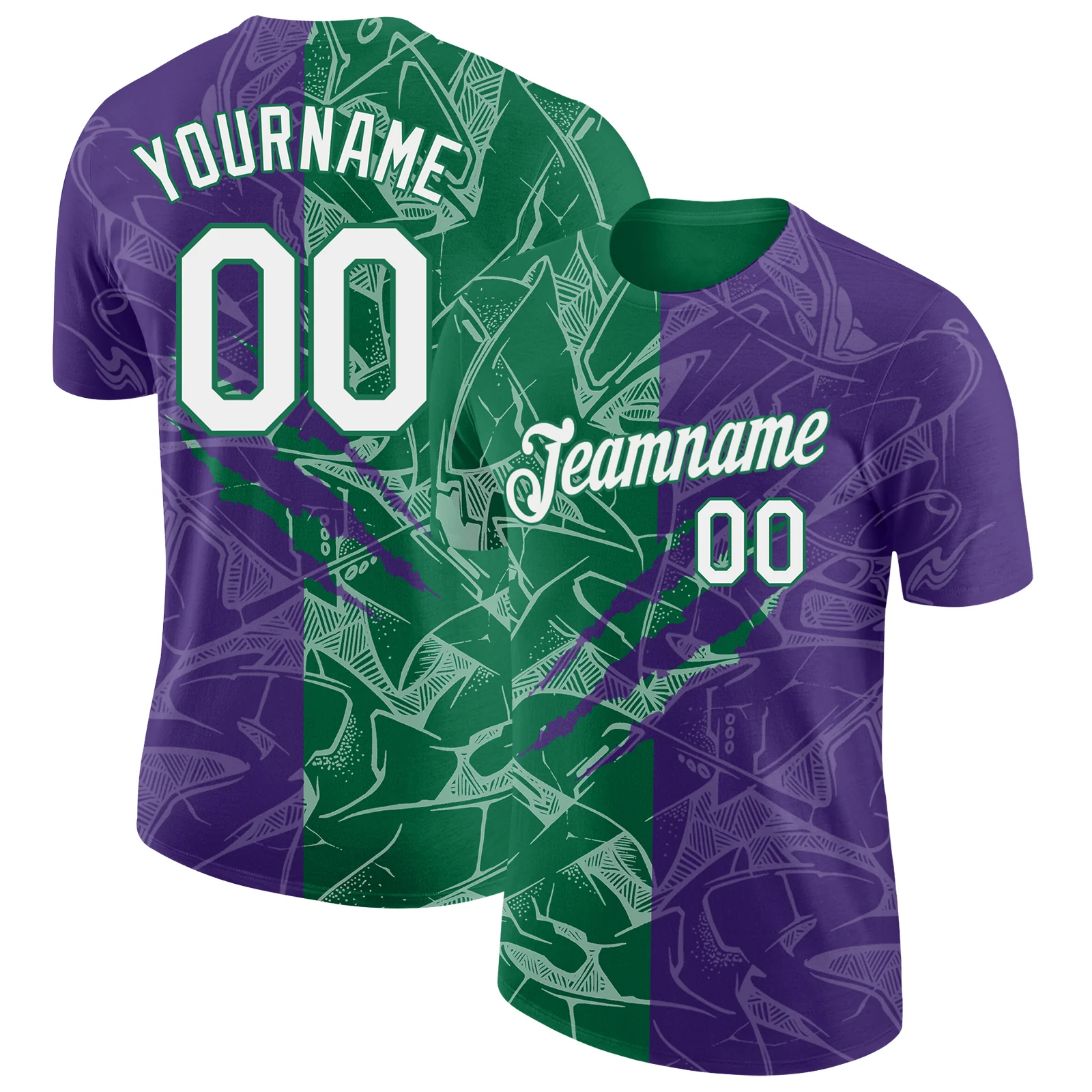Custom Graffiti Pattern White Purple-Kelly Green Scratch 3D Performance T-Shirt