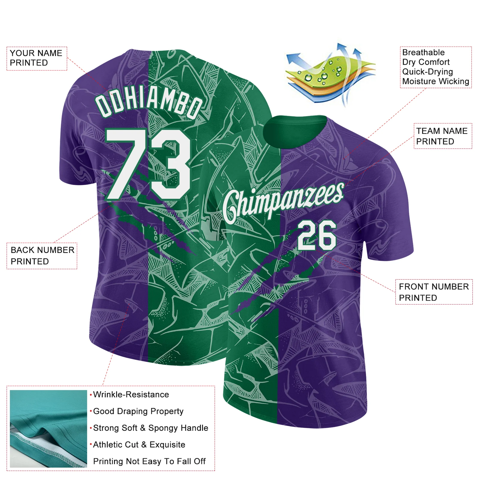 Custom Graffiti Pattern White Purple-Kelly Green Scratch 3D Performance T-Shirt - Image 2