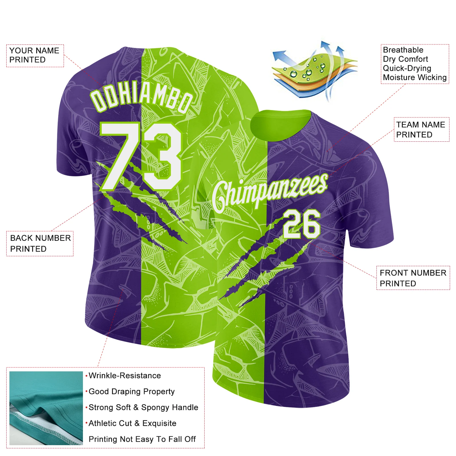 Custom Graffiti Pattern White Purple-Neon Green Scratch 3D Performance T-Shirt - Image 2