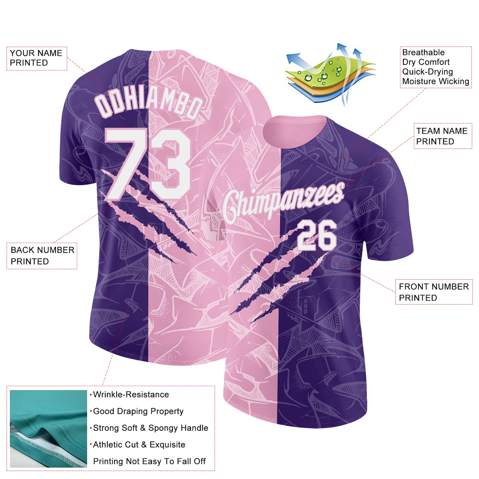 Custom Graffiti Pattern White Purple-Light Pink Scratch 3D Performance T-Shirt - Image 2