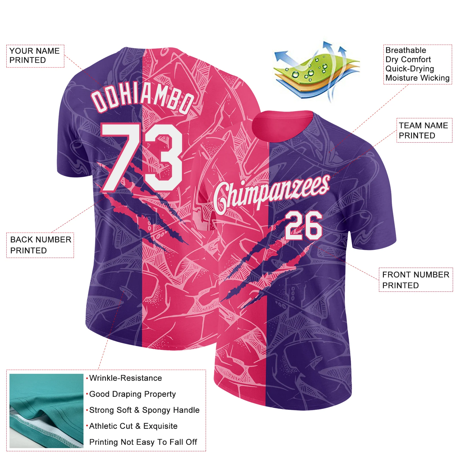 Custom Graffiti Pattern White Purple-Neon Pink Scratch 3D Performance T-Shirt - Image 2