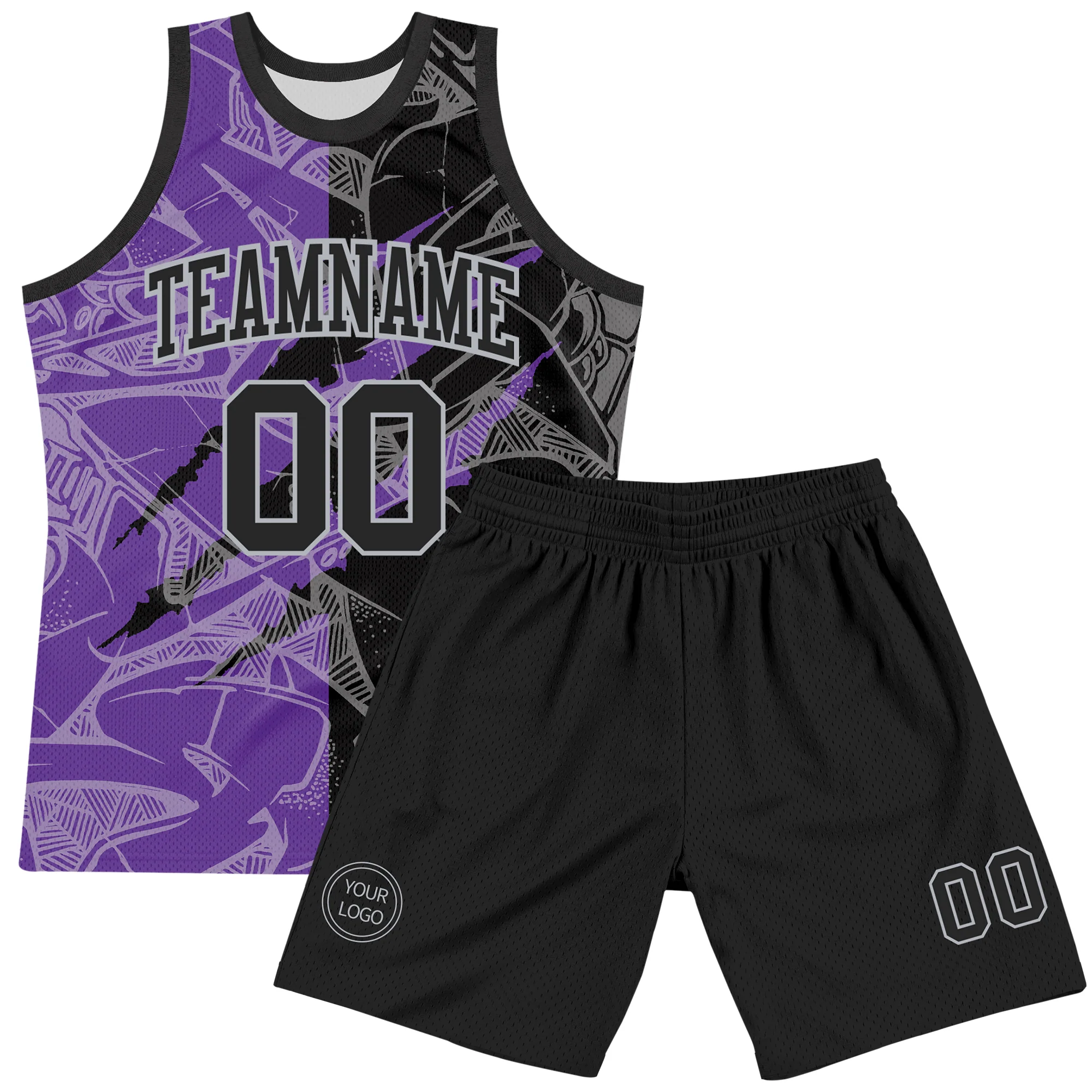 Custom Graffiti Pattern Black Purple-Gray Scratch Round Neck Sublimation Basketball Suit Jersey - Image 2