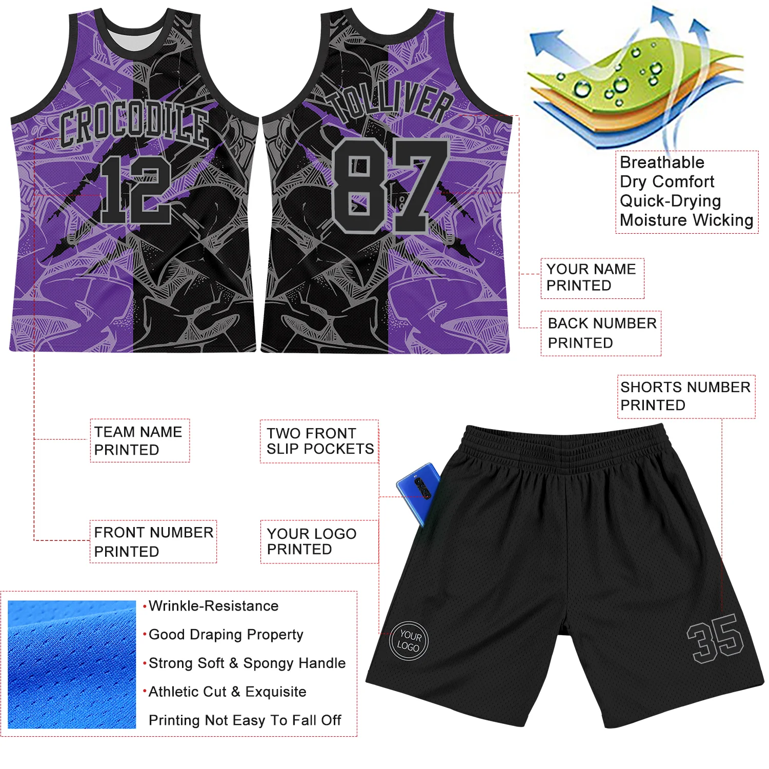 Custom Graffiti Pattern Black Purple-Gray Scratch Round Neck Sublimation Basketball Suit Jersey - Image 3