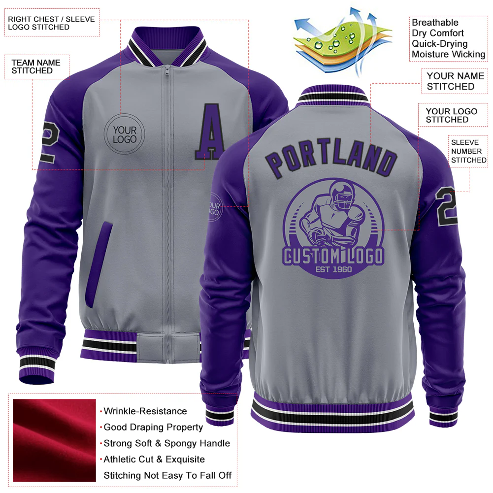 Custom Gray Black-Purple Varsity Letterman Two Tone Zipper Jacket - Image 4