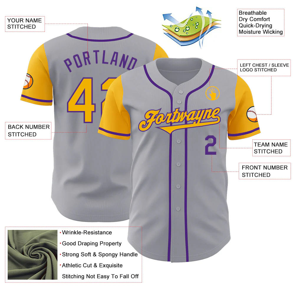 Custom Gray Gold-Purple Authentic Two Tone Baseball Jersey - Image 3