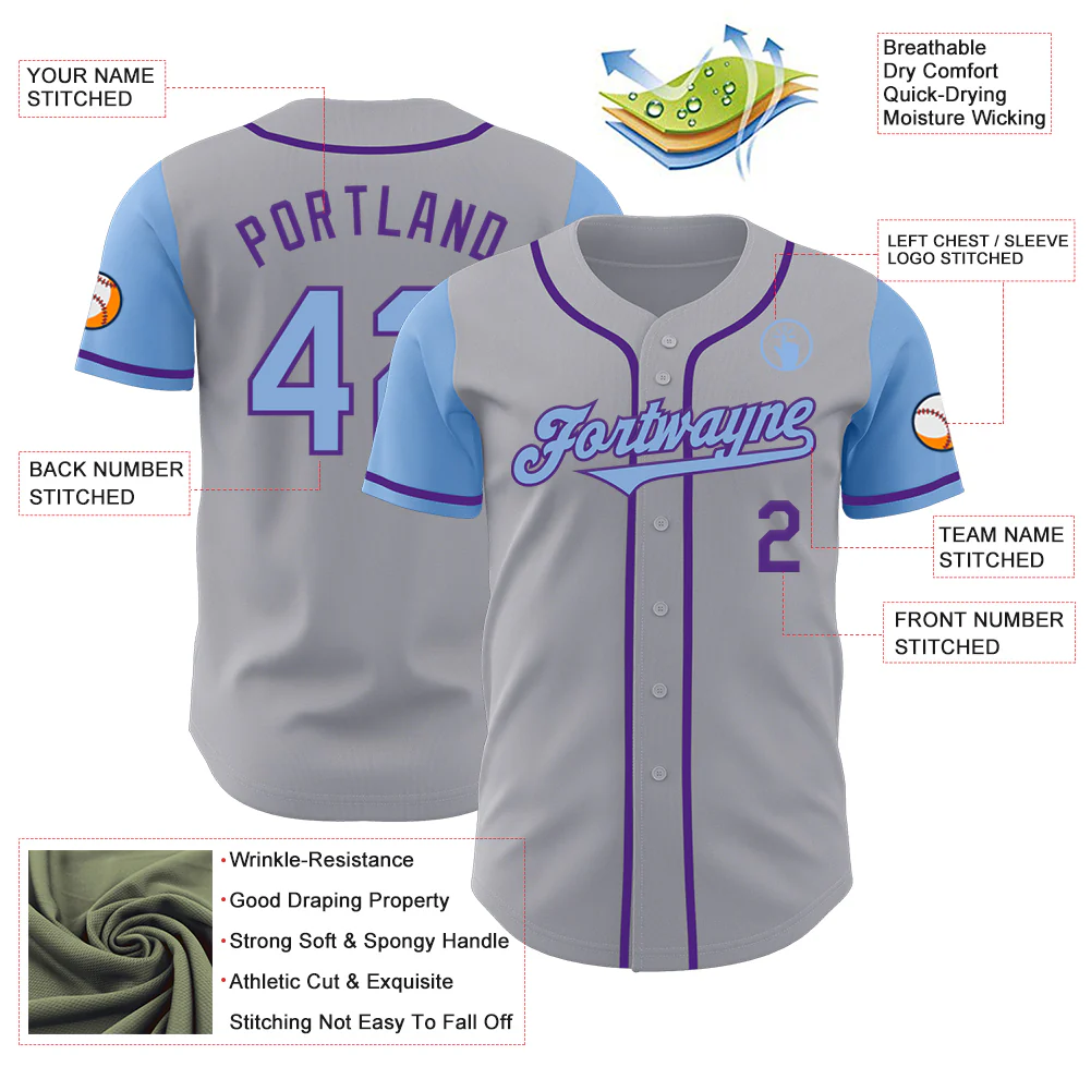 Custom Gray Light Blue-Purple Authentic Two Tone Baseball Jersey - Image 3