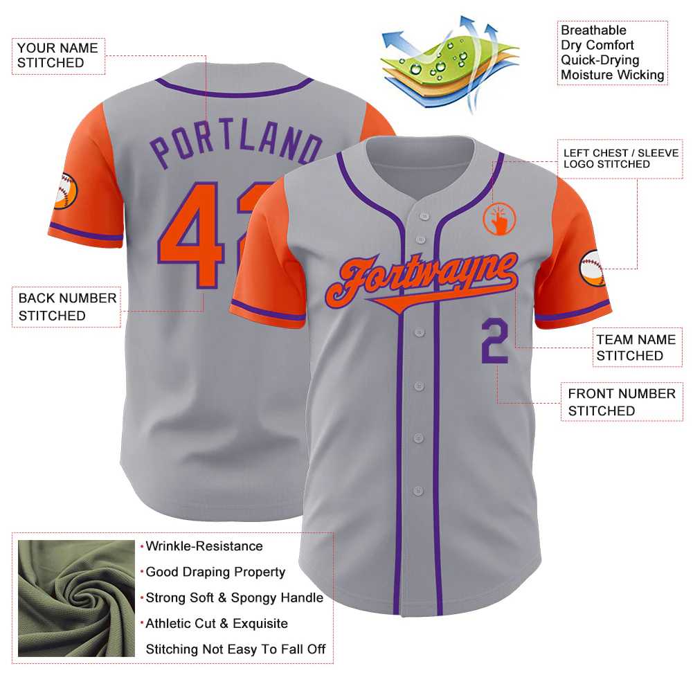 Custom Gray Orange-Purple Authentic Two Tone Baseball Jersey - Image 3