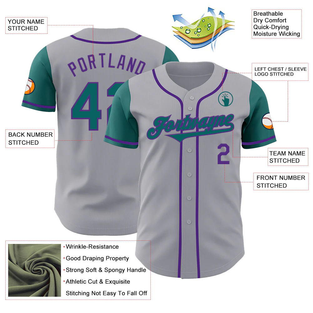 Custom Gray Teal-Purple Authentic Two Tone Baseball Jersey - Image 3