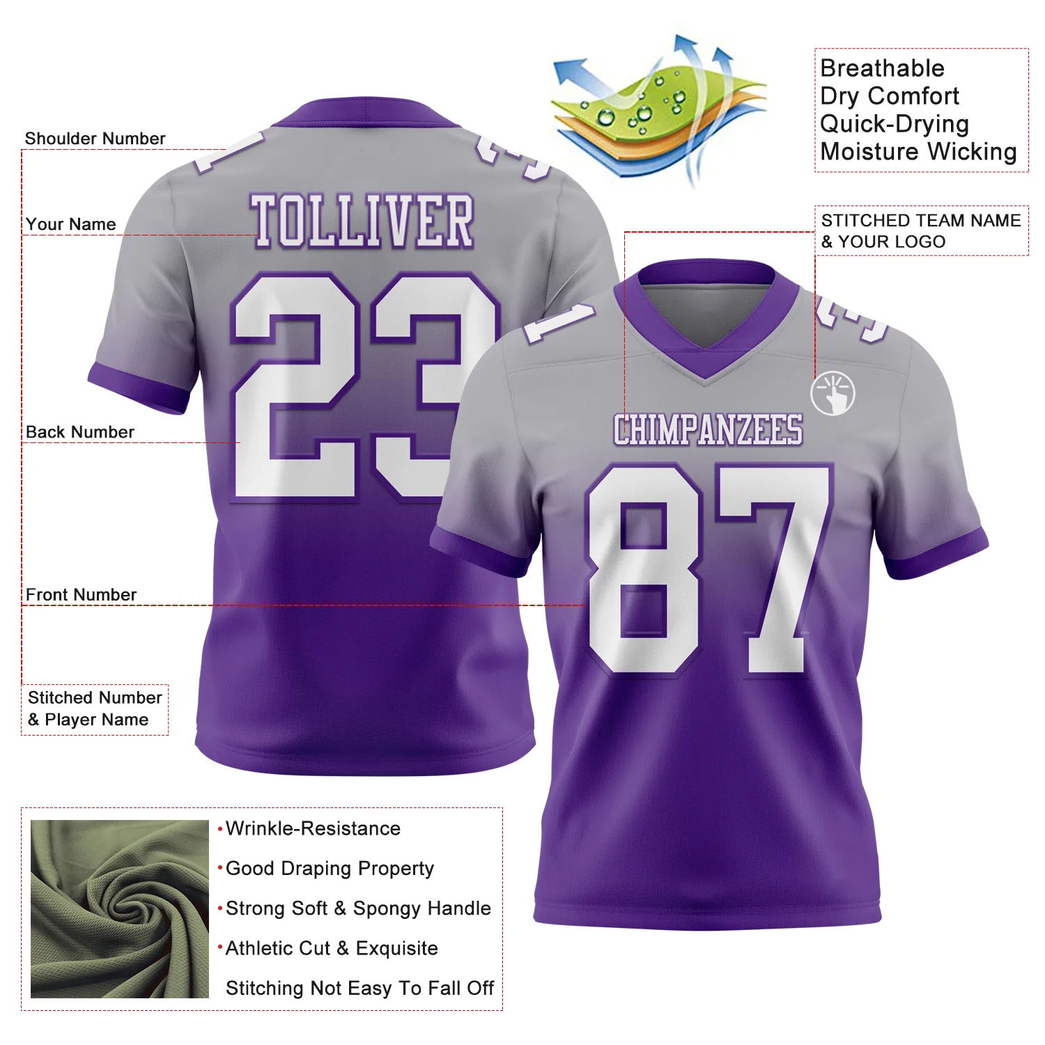 Custom Gray White-Purple Authentic Fade Fashion Football Jersey - Image 2