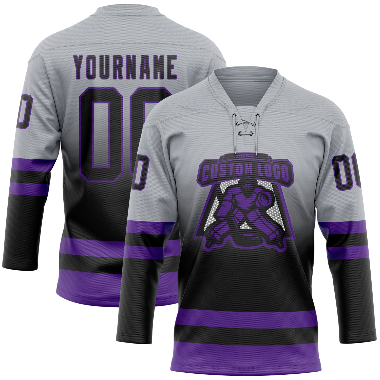 Custom Gray Black-Purple Fade Fashion Hockey Lace Neck Jersey - Image 2