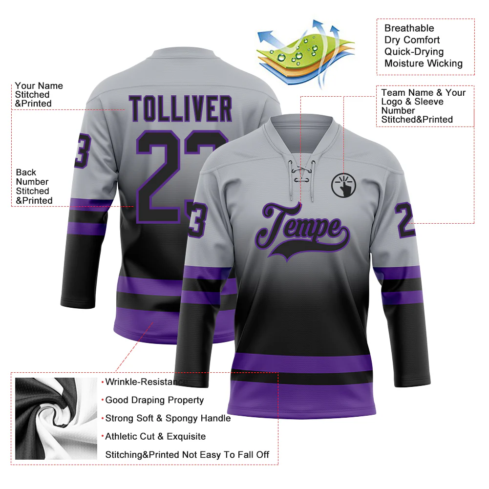 Custom Gray Black-Purple Fade Fashion Hockey Lace Neck Jersey - Image 5