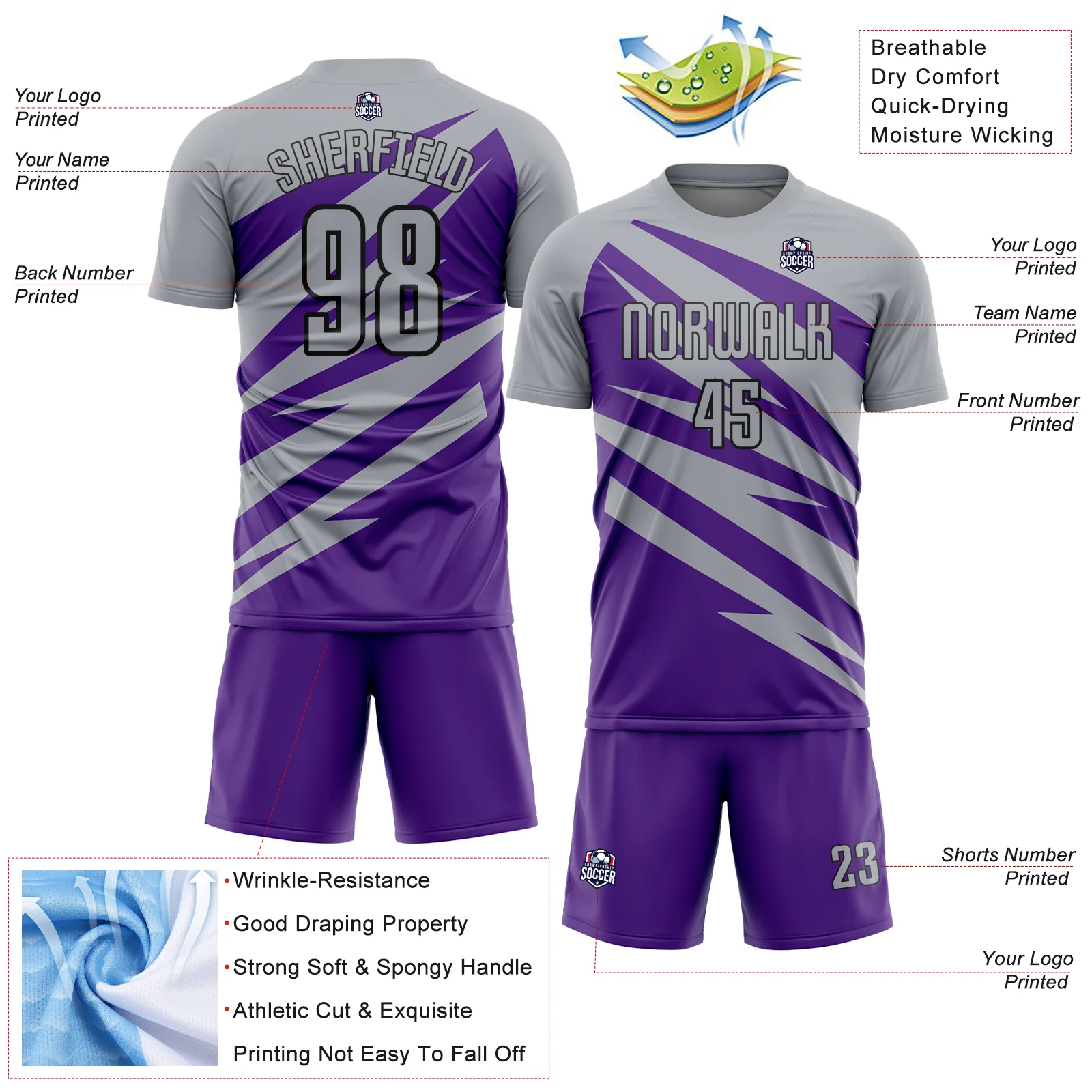 Custom Gray Purple-Black Abstract Line Sports Sublimation Soccer Uniform Jersey - Image 4