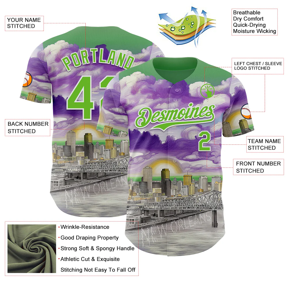 Custom Green Aurora Green Purple Gray-White New Orleans Louisiana Cityscape Landmark City Symbol Authentic Baseball Jersey - Image 3