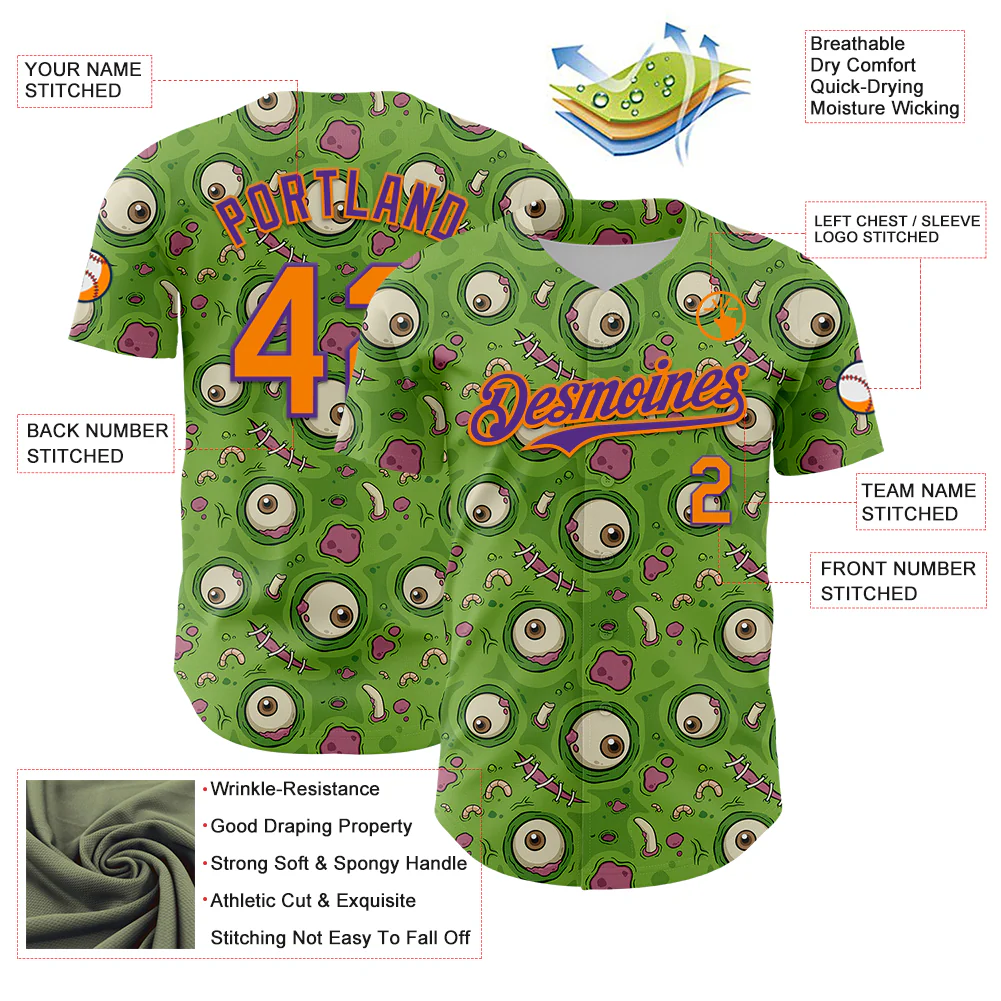 Custom Green Bay Orange-Purple 3D Pattern Design Funny Cartoon Monster Authentic Baseball Jersey - Image 3