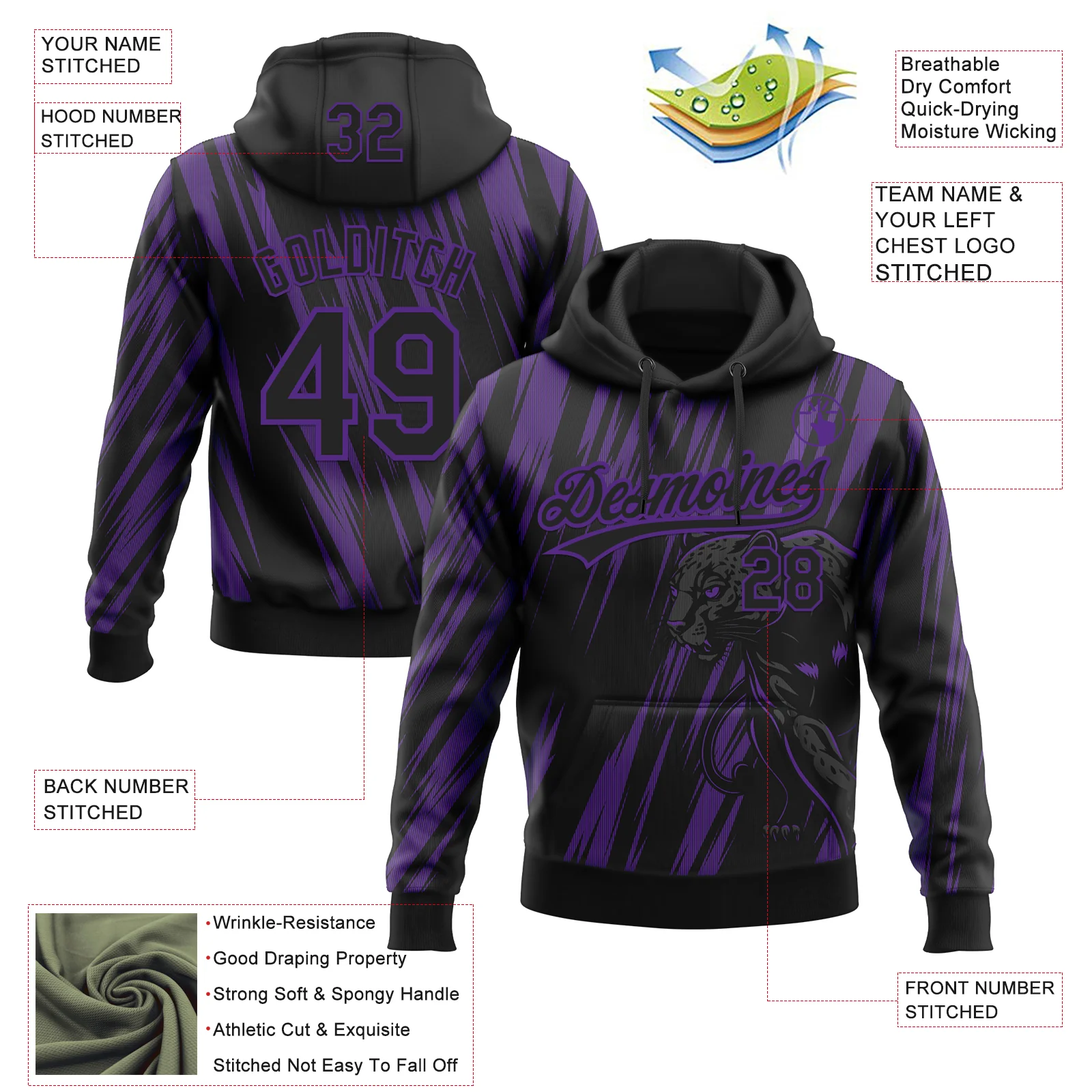 Custom Stitched Black Black-Purple 3D Pattern Design Leopardo Sports Pullover Sweatshirt Hoodie - Image 2