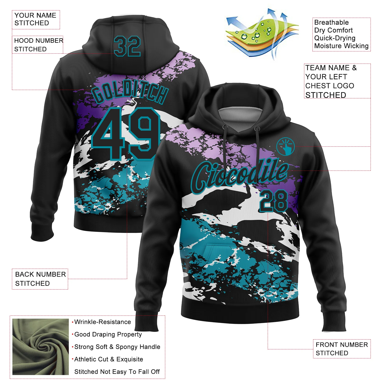 Custom Stitched Black Purple Teal-White 3D Pattern Design Splash Sports Pullover Sweatshirt Hoodie - Image 2