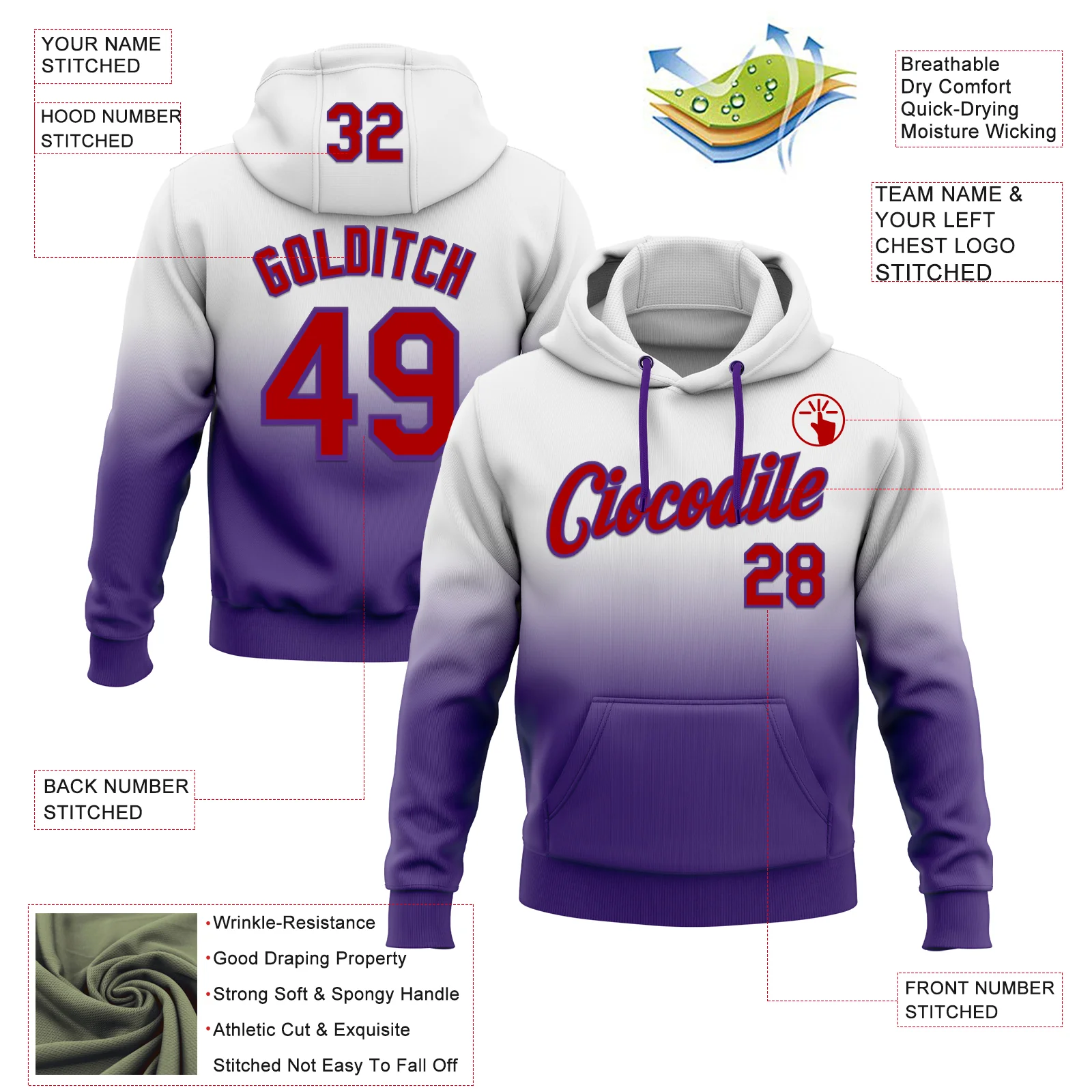 Custom Stitched White Red-Purple Fade Fashion Sports Pullover Sweatshirt Hoodie - Image 2