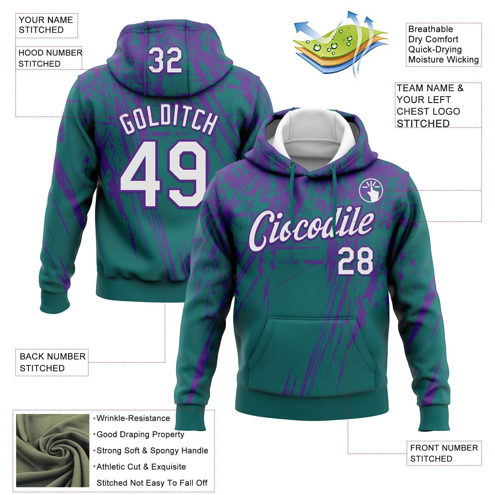 Custom Stitched Teal White-Purple 3D Pattern Design Splash Grunge Art Sports Pullover Sweatshirt Hoodie - Image 2