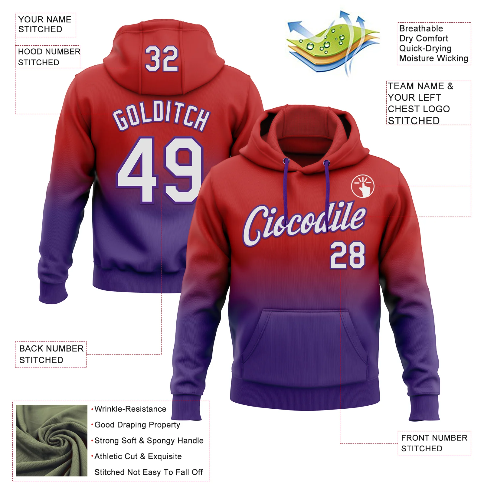 Custom Stitched Red White-Purple Fade Fashion Sports Pullover Sweatshirt Hoodie - Image 2
