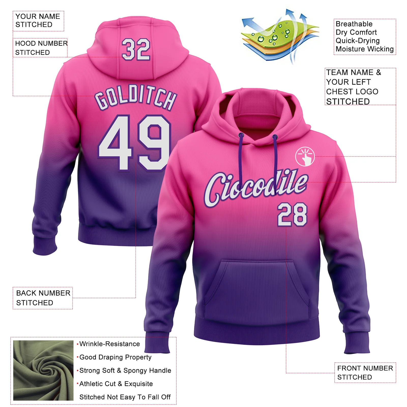 Custom Stitched Pink White-Purple Fade Fashion Sports Pullover Sweatshirt Hoodie - Image 2