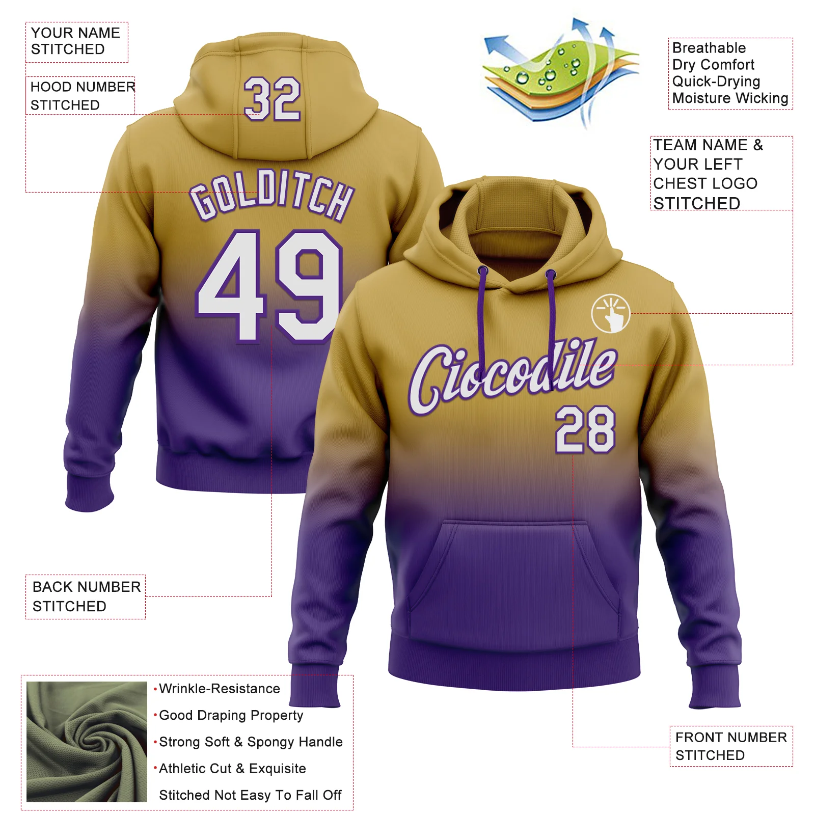 Custom Stitched Old Gold White-Purple Fade Fashion Sports Pullover Sweatshirt Hoodie - Image 2