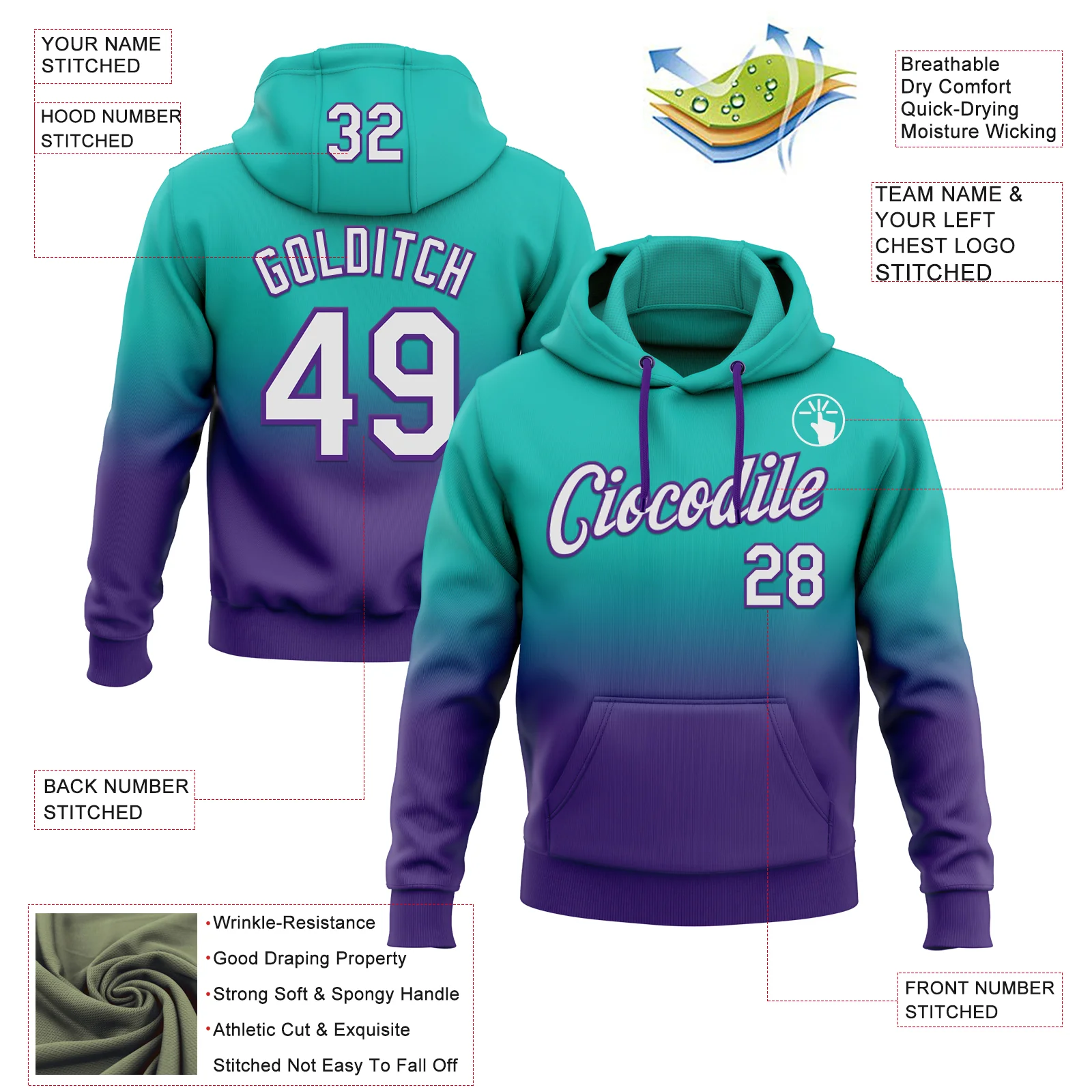 Custom Stitched Aqua White-Purple Fade Fashion Sports Pullover Sweatshirt Hoodie - Image 2