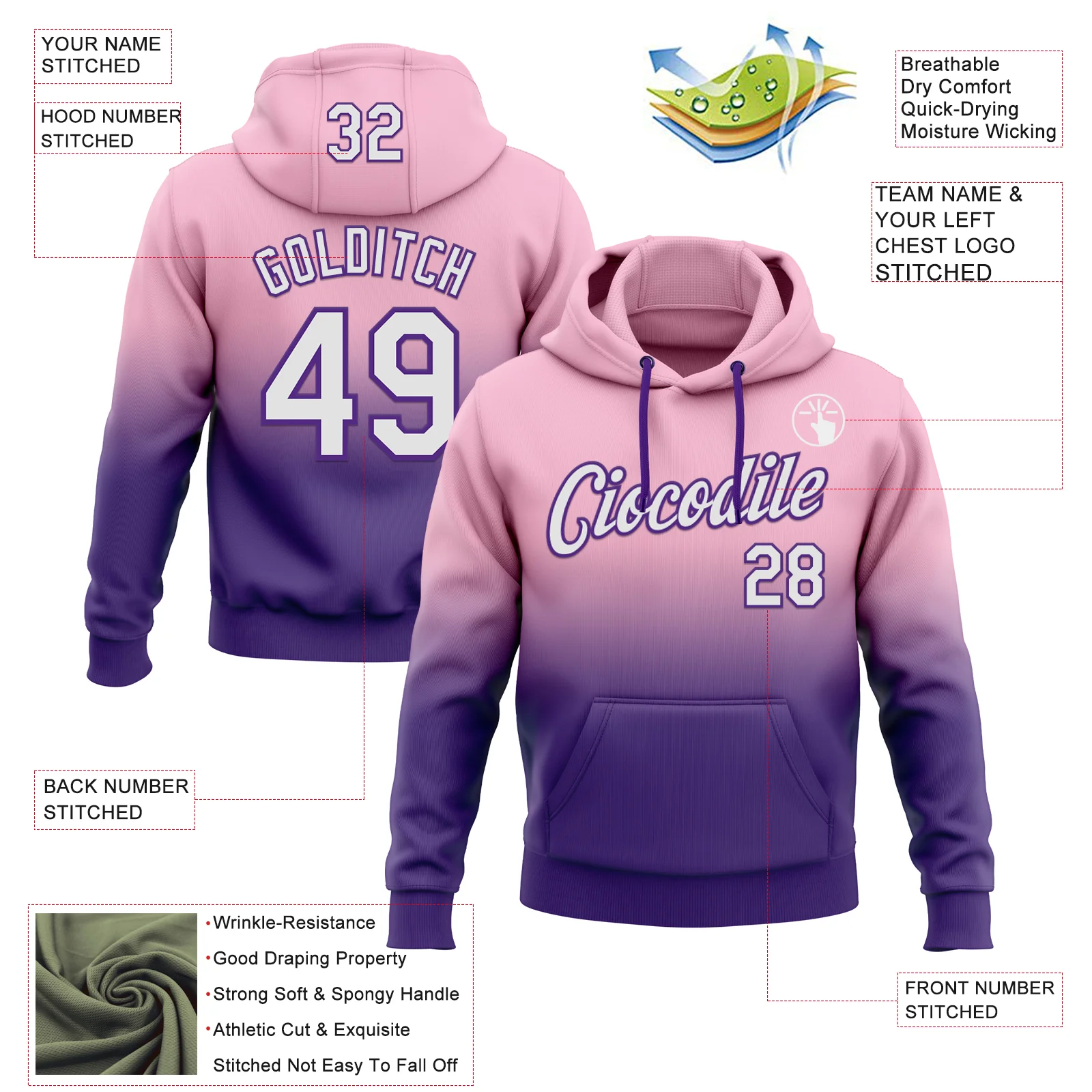 Custom Stitched Light Pink White-Purple Fade Fashion Sports Pullover Sweatshirt Hoodie - Image 2