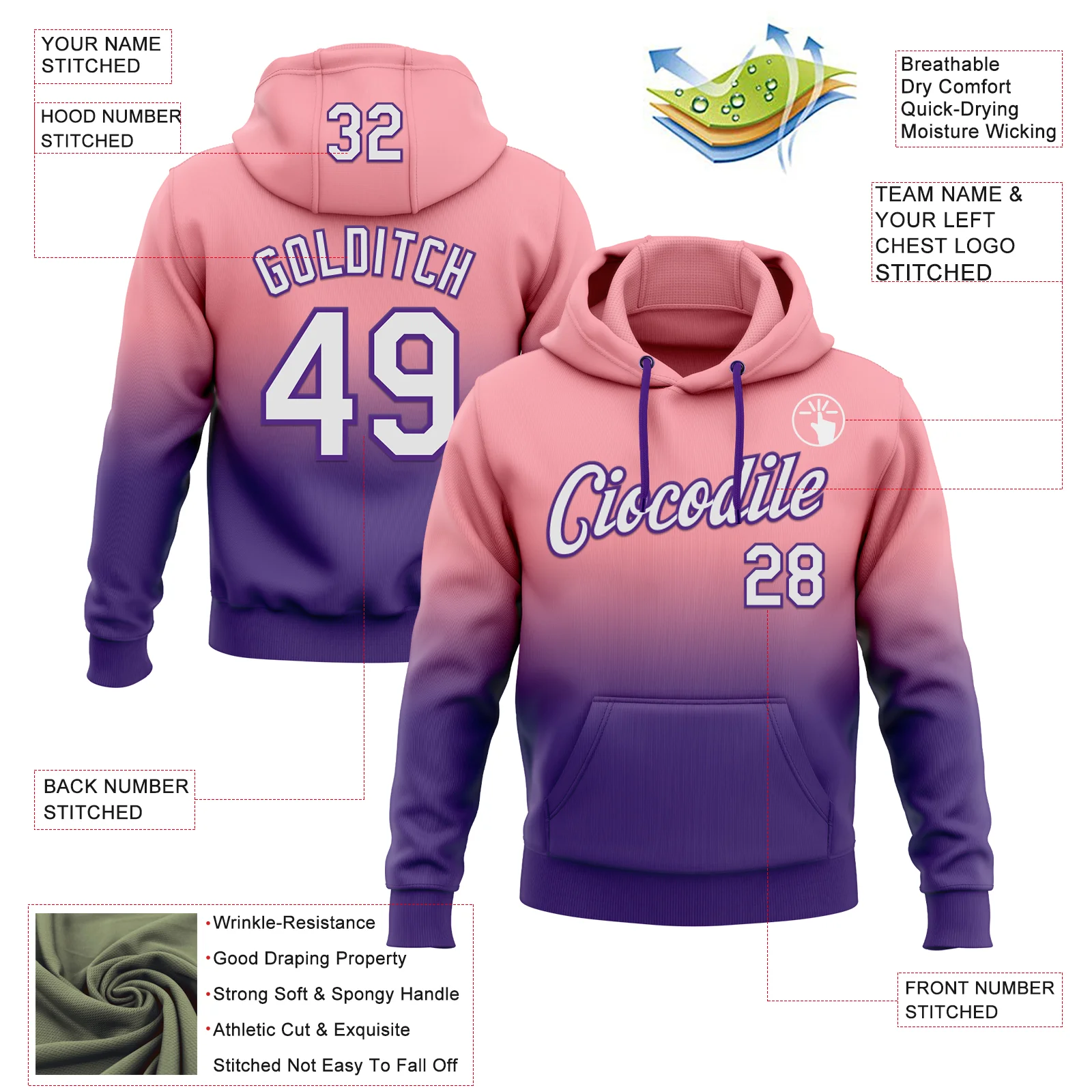 Custom Stitched Medium Pink White-Purple Fade Fashion Sports Pullover Sweatshirt Hoodie - Image 2