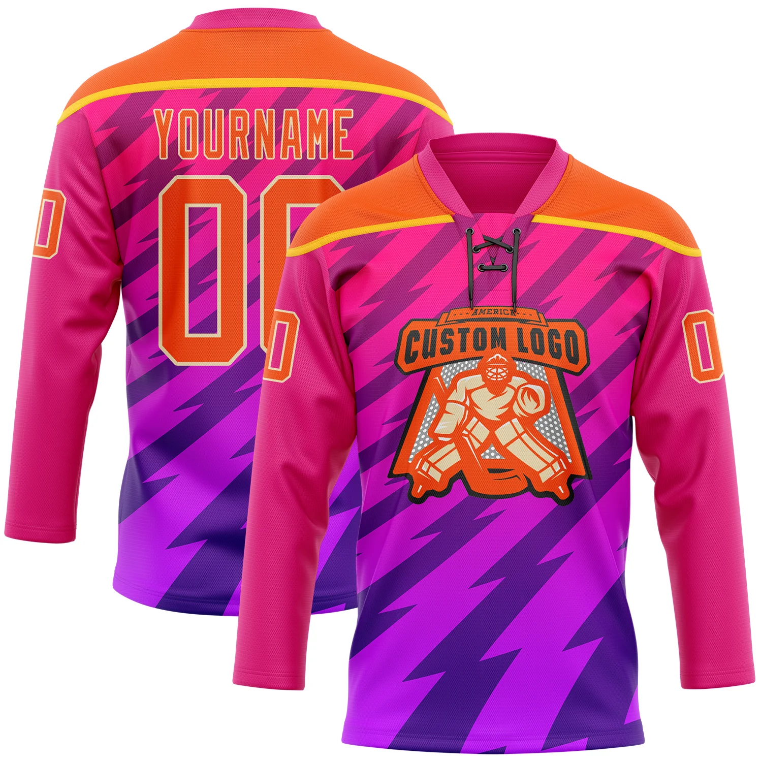 Custom Hot Pink Orange Purple Yellow-Cream Abstract Gradient Halftone Pattern Hockey Lace Neck Jersey - Image 2
