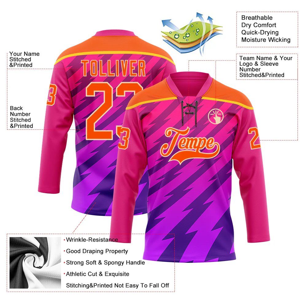 Custom Hot Pink Orange Purple Yellow-Cream Abstract Gradient Halftone Pattern Hockey Lace Neck Jersey - Image 5